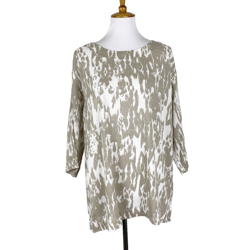 Pure Jill Textured Tunic Top 3/4 Sleeve Tan White Sz. MP